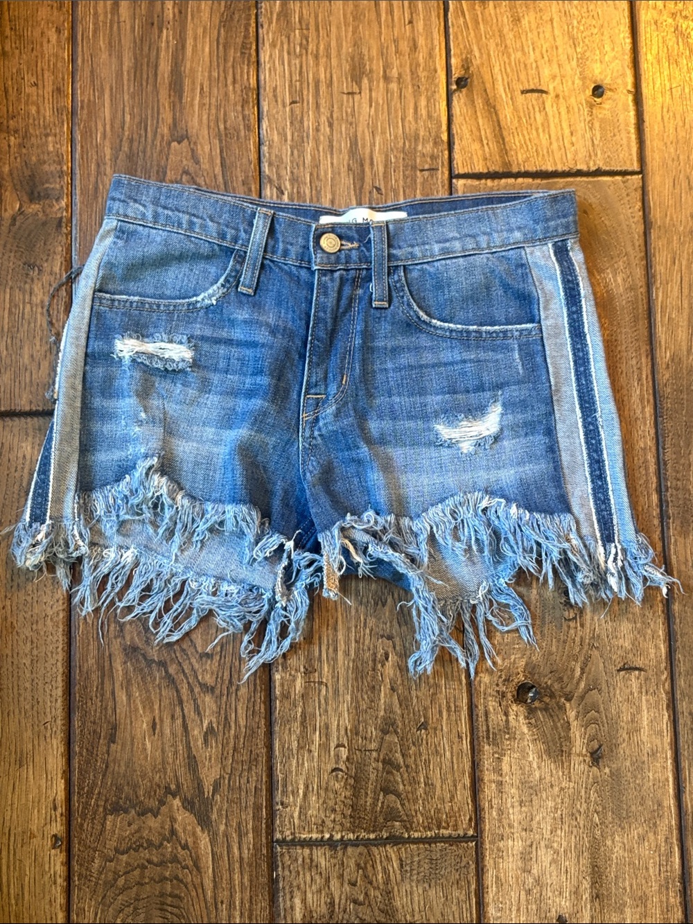 Flying Monkey Distressed Blue Denim Fringe-Hem Shorts with Side Stripe